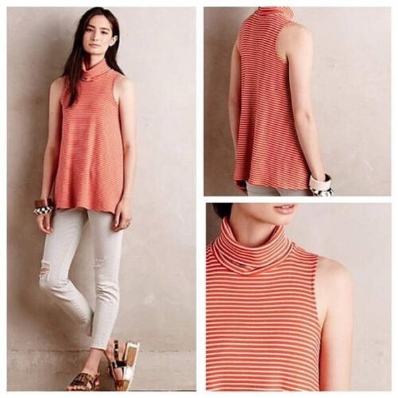 Anthropologie Anthro Puella Mock Neck Rib Orange Striped Swing Tank Tunic Top M - Picture 2 of 14
